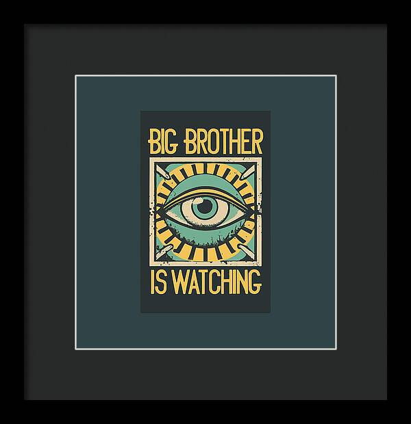 Black framed print with dark mat, eye artwork and yellow 'Big Brother Is Watching' text