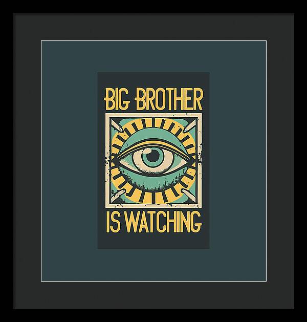 Framed print with blue eye graphic and yellow text, in a black frame