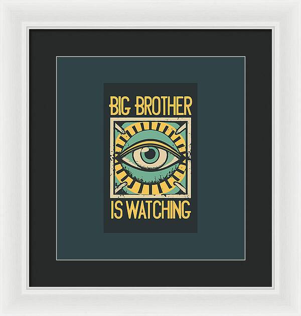 Framed print with blue eye graphic and yellow text, in a white frame