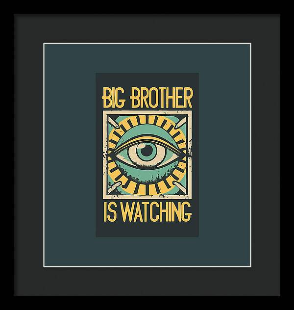 Framed print with blue eye graphic and yellow text, in a black frame