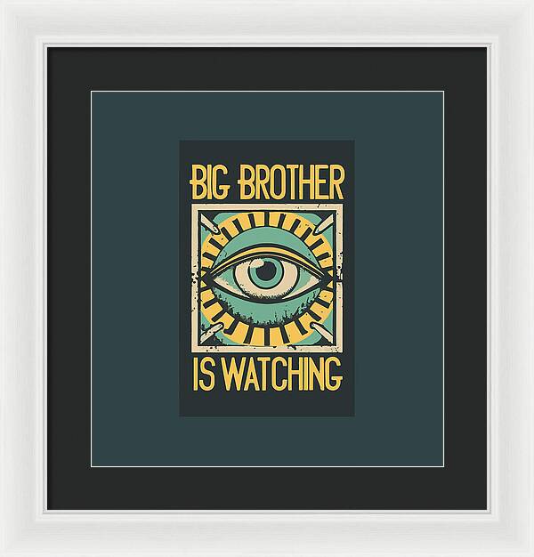 Framed print with blue eye graphic and yellow text, in a white frame
