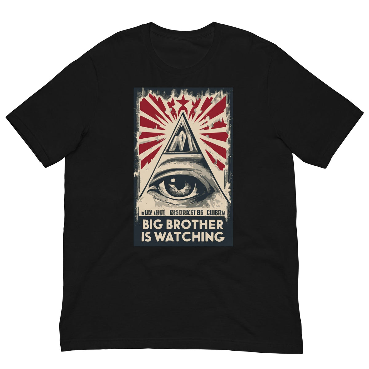 Black T-shirt with large eye-and-pyramid graphic in red and white, centered.