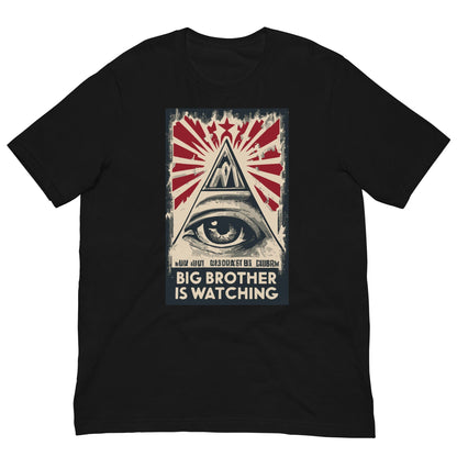 Black T-shirt with large eye-and-pyramid graphic in red and white, centered.