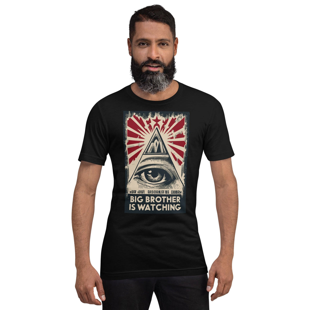 Black crewneck T-shirt with centered eye-and-pyramid graphic and red starburst.