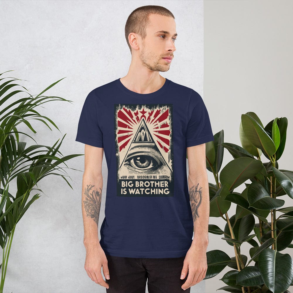 Navy T-shirt with centered eye-and-pyramid graphic framed by red rays.