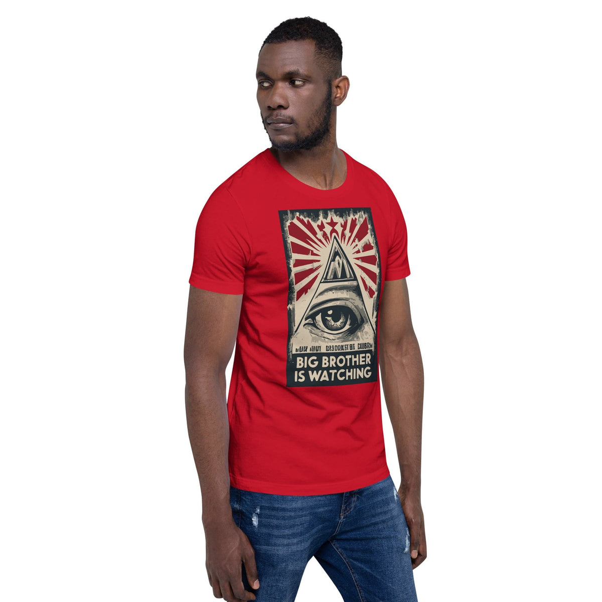 Red T-shirt with centered eye-and-pyramid graphic with red-white rays and text.