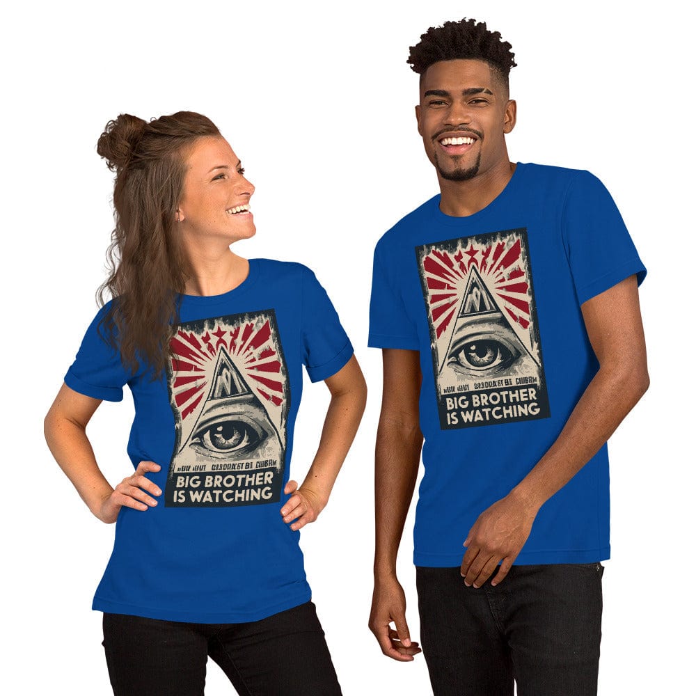 Royal blue T-shirt with centered eye-and-pyramid graphic in red, white, and black.