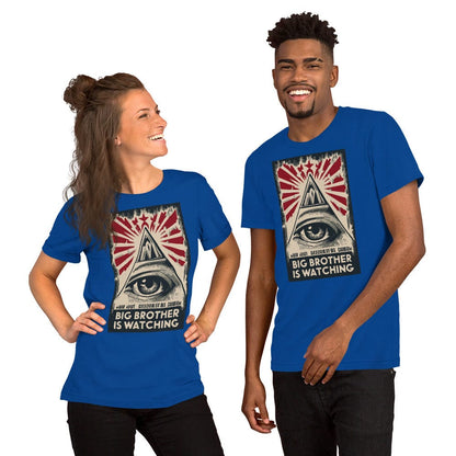 Royal blue T-shirt with centered eye-and-pyramid graphic in red, white, and black.