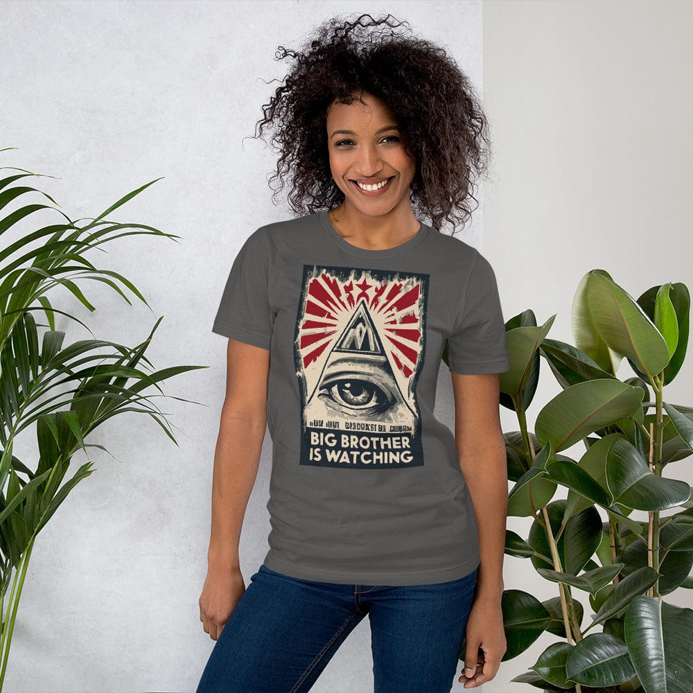 Dark gray T-shirt with centered eye-and-pyramid graphic with red starburst rays.
