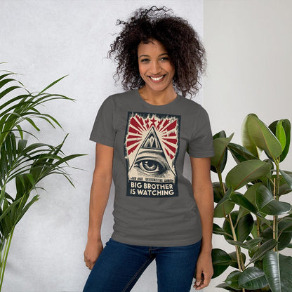 Dark gray T-shirt with centered eye-and-pyramid graphic with red starburst rays.