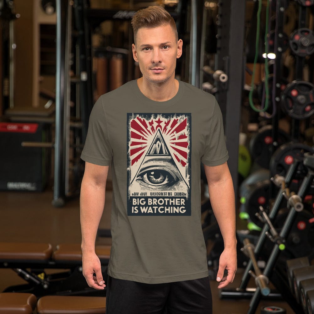Olive T-shirt with centered eye-and-pyramid graphic with red starburst and text.