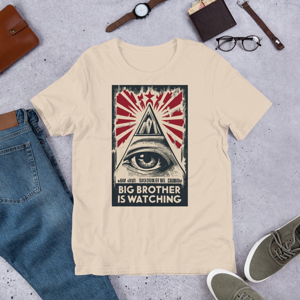 Soft cream T-shirt with centered eye-and-pyramid graphic in red and white.
