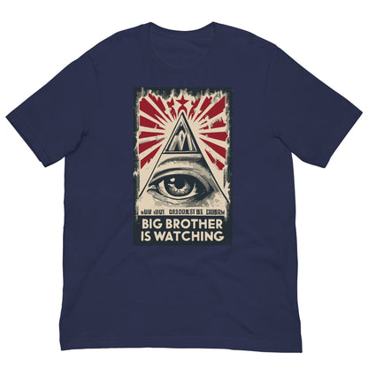 True royal blue T-shirt with centered eye-and-pyramid graphic in red and white.
