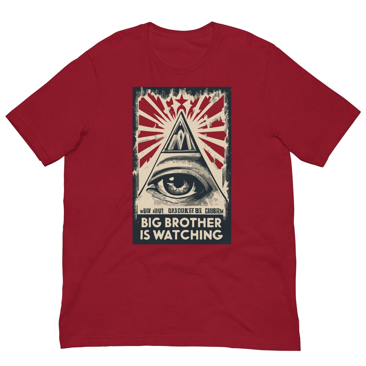Red graphic T-shirt with eye design and text BIG BROTHER IS WATCHING