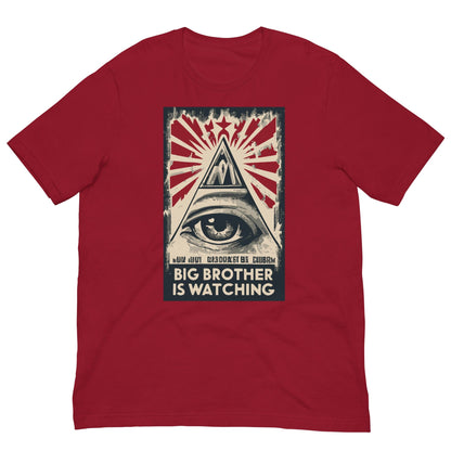 Red graphic T-shirt with eye design and text BIG BROTHER IS WATCHING