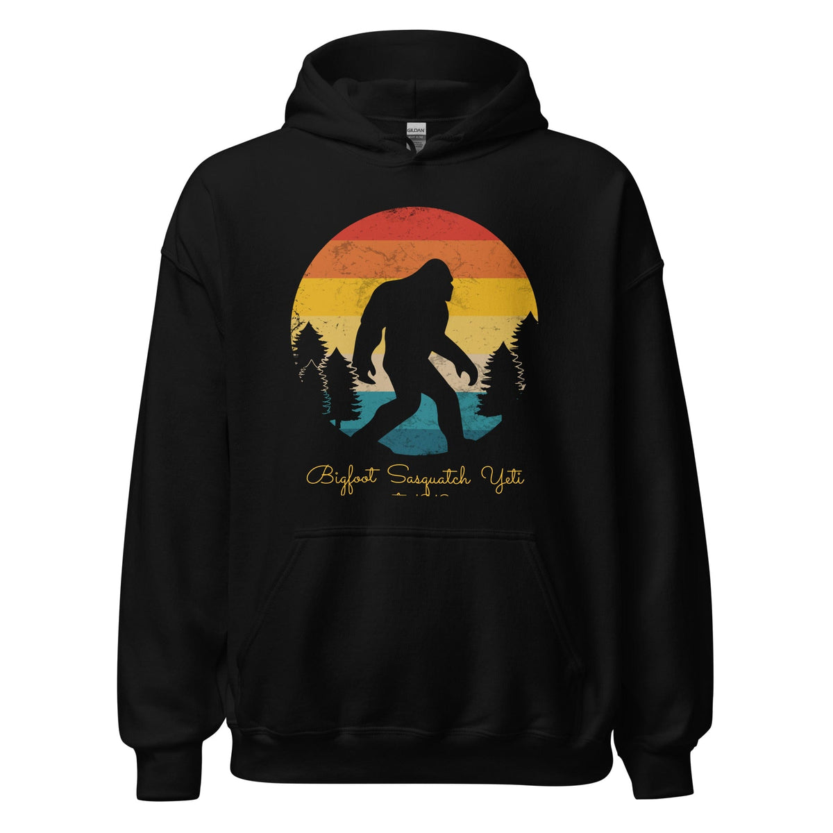 Black hoodie with Bigfoot graphic front, pullover hood and kangaroo pocket