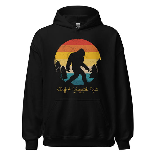 Black hoodie with Bigfoot graphic front, pullover hood and kangaroo pocket