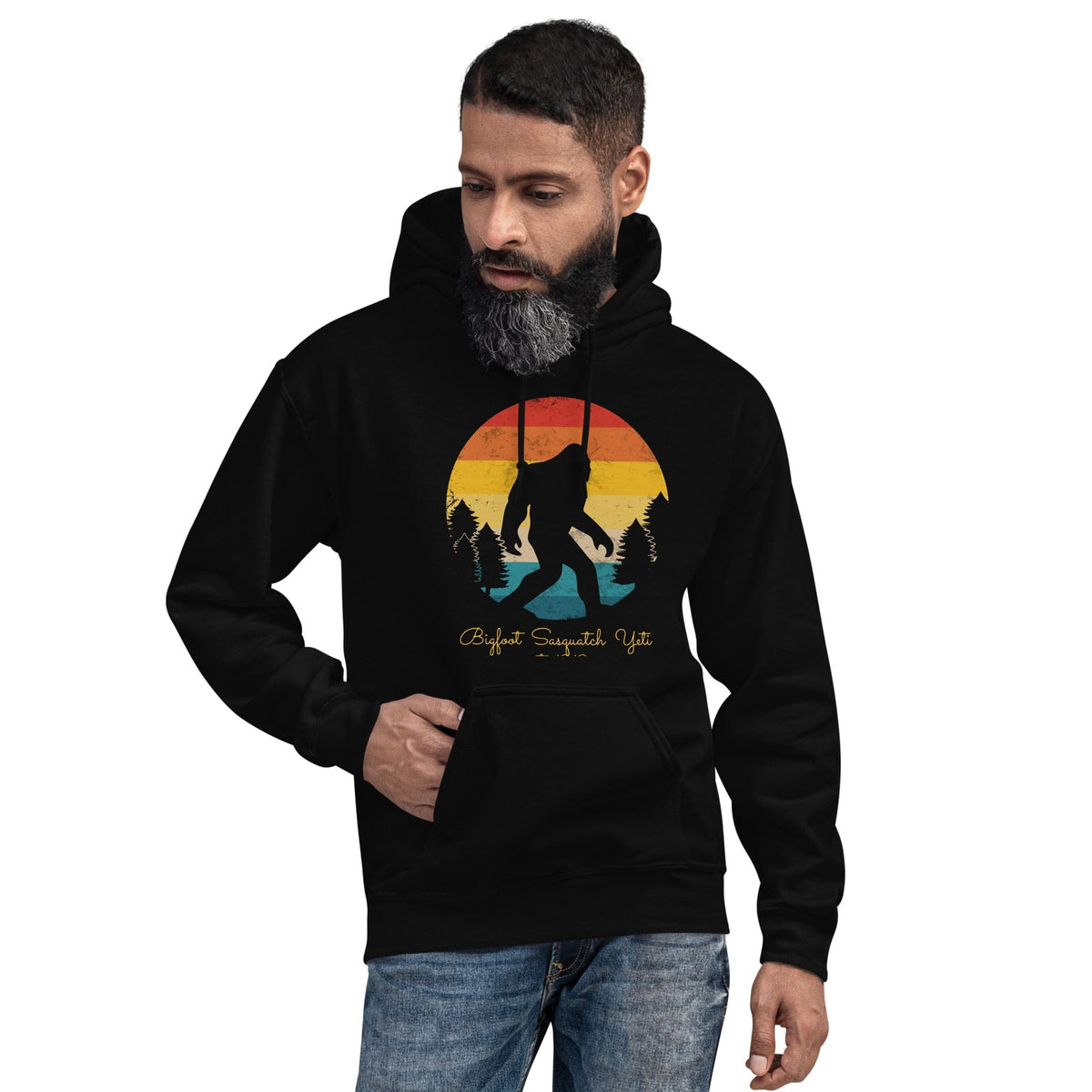 Black hoodie with Bigfoot graphic front, pullover hood and kangaroo pocket