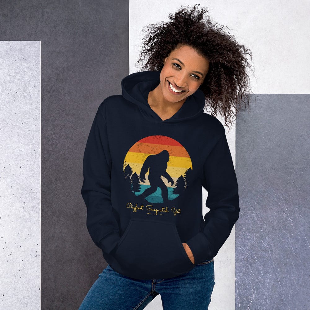 Navy hoodie with Bigfoot graphic front, pullover hood and kangaroo pocket
