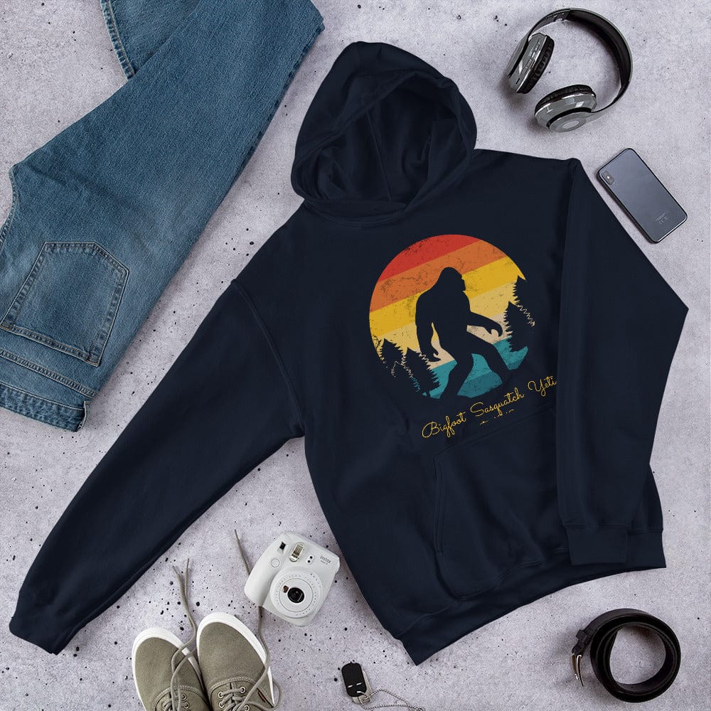 Navy pullover hoodie with Bigfoot graphic front, hood and kangaroo pocket