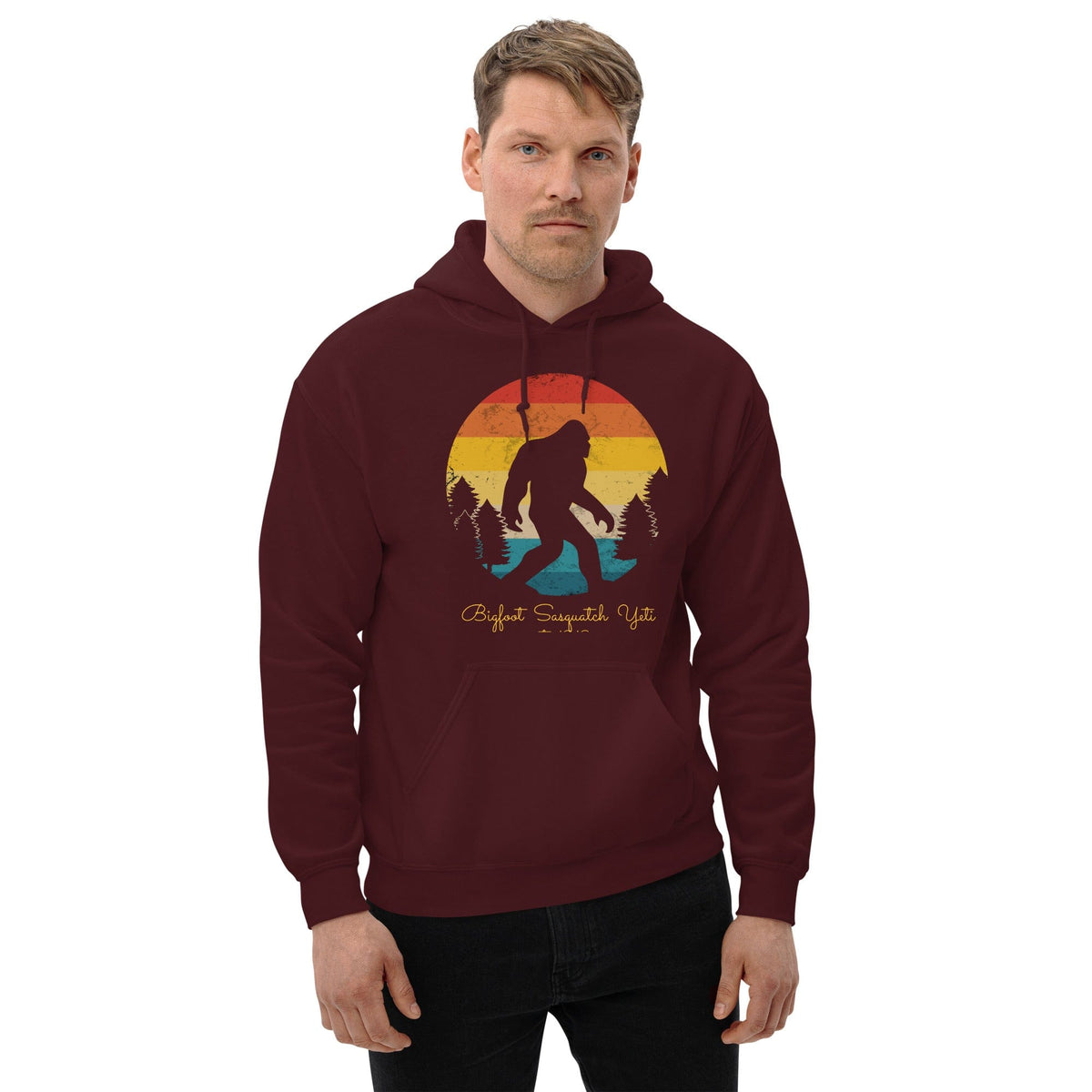 Maroon hoodie with Bigfoot graphic front, pullover hood and kangaroo pocket