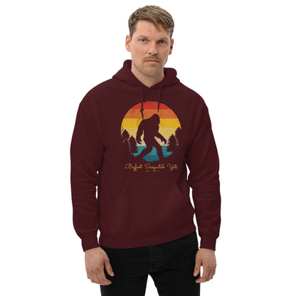 Maroon hoodie with Bigfoot graphic front, pullover hood and kangaroo pocket