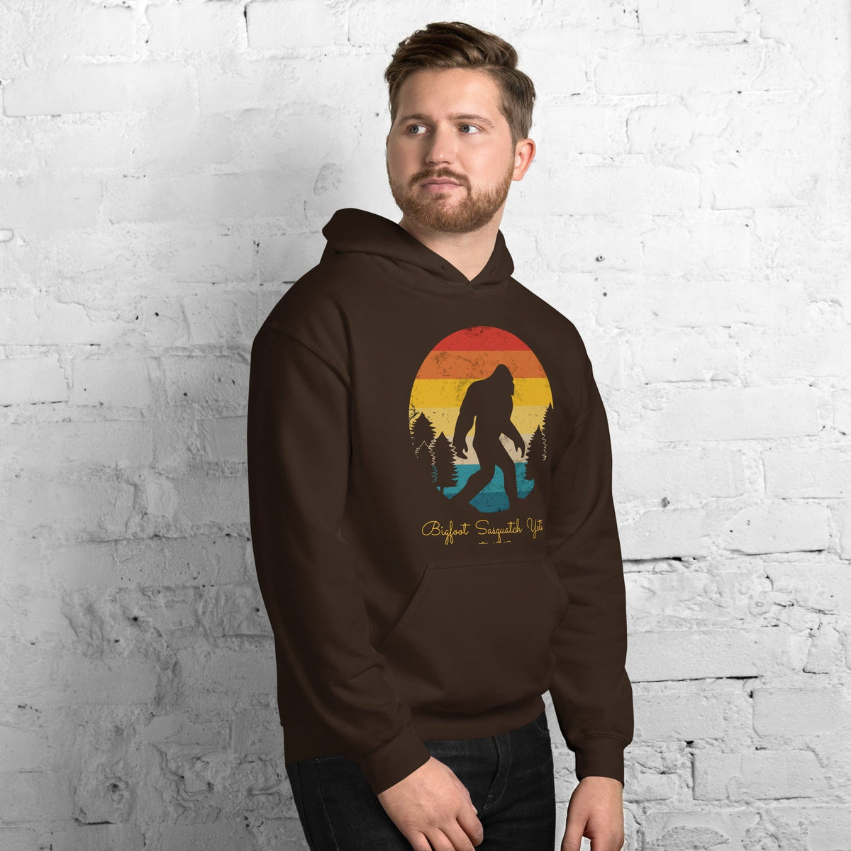 Dark brown hoodie with Bigfoot graphic front, pullover hood and kangaroo pocket