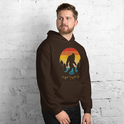 Dark brown hoodie with Bigfoot graphic front, pullover hood and kangaroo pocket