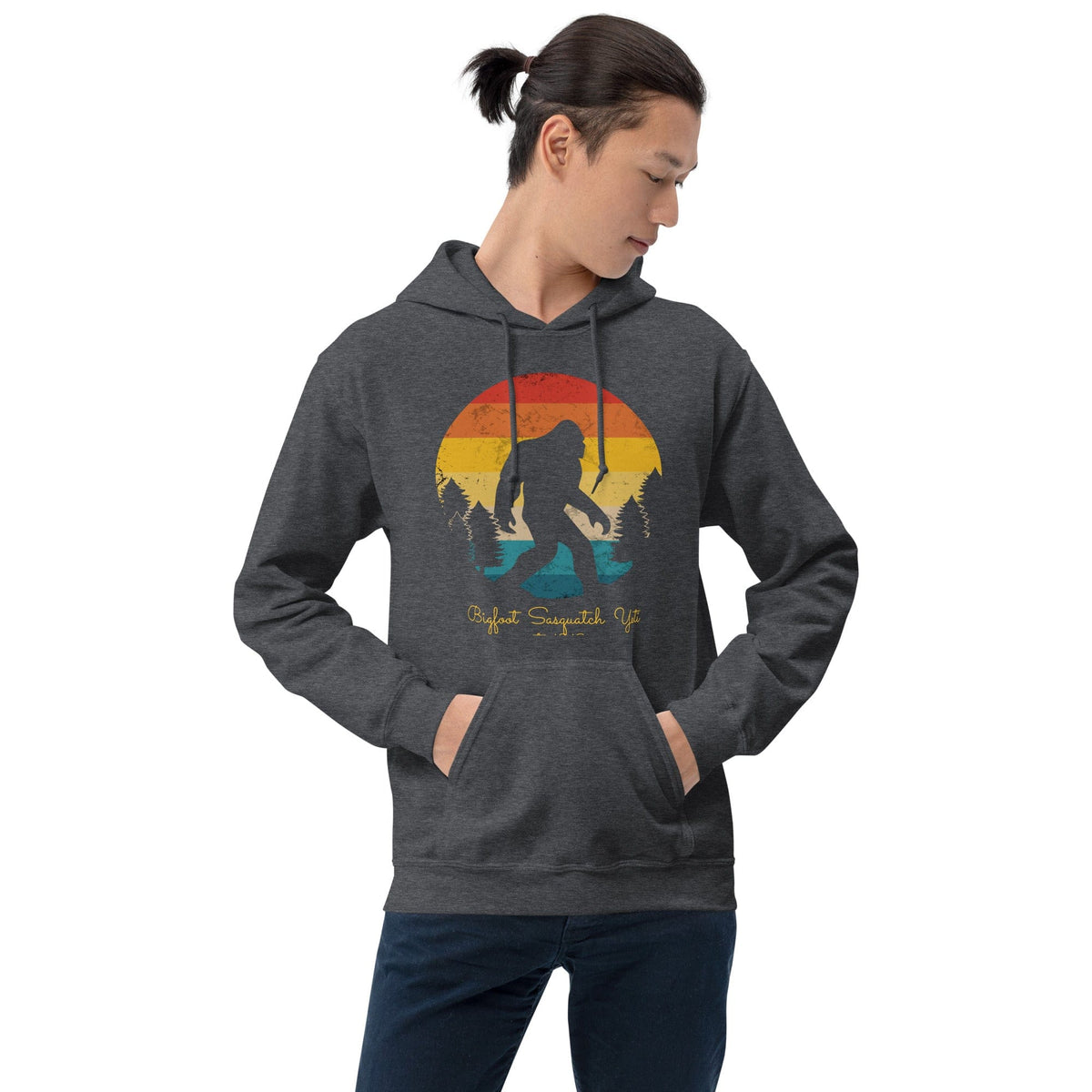 Dark gray hoodie with Bigfoot graphic front, pullover hood and kangaroo pocket