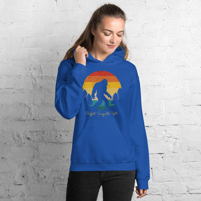 Royal blue hoodie with Bigfoot graphic front, pullover hood and kangaroo pocket