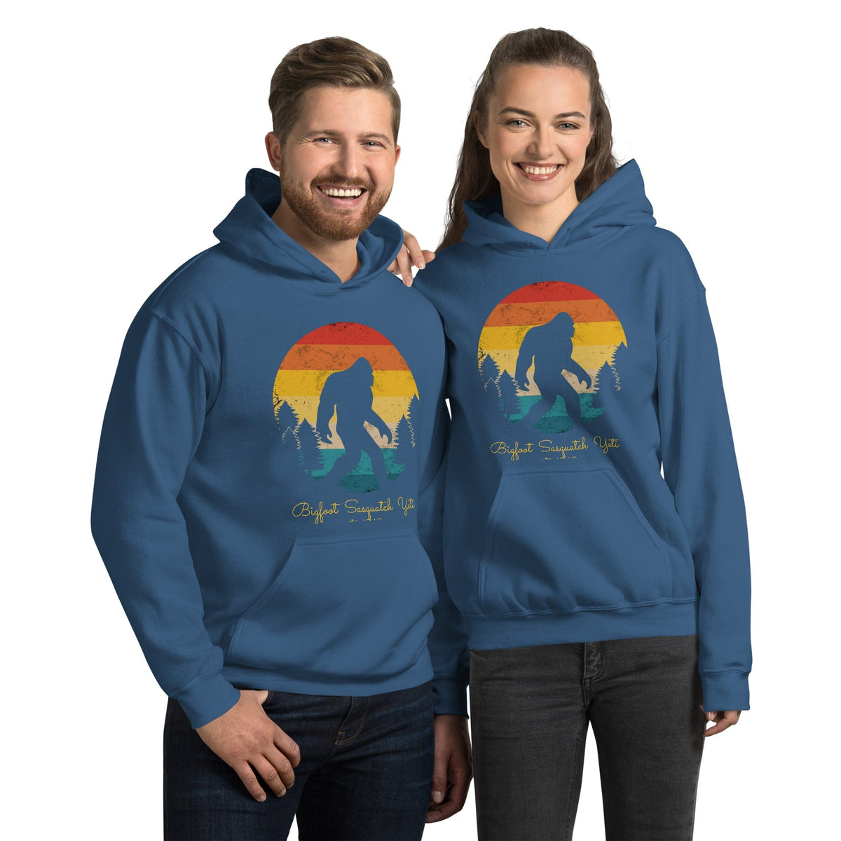Blue hoodies with Bigfoot graphic front, pullover hood and kangaroo pocket