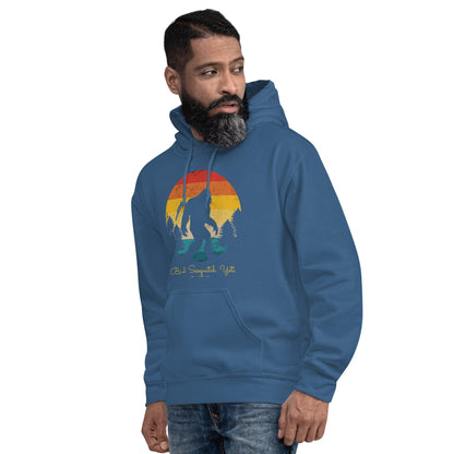 Blue hoodie with Bigfoot graphic front, pullover hood and kangaroo pocket