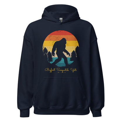 Dark navy pullover hoodie with Bigfoot graphic on front