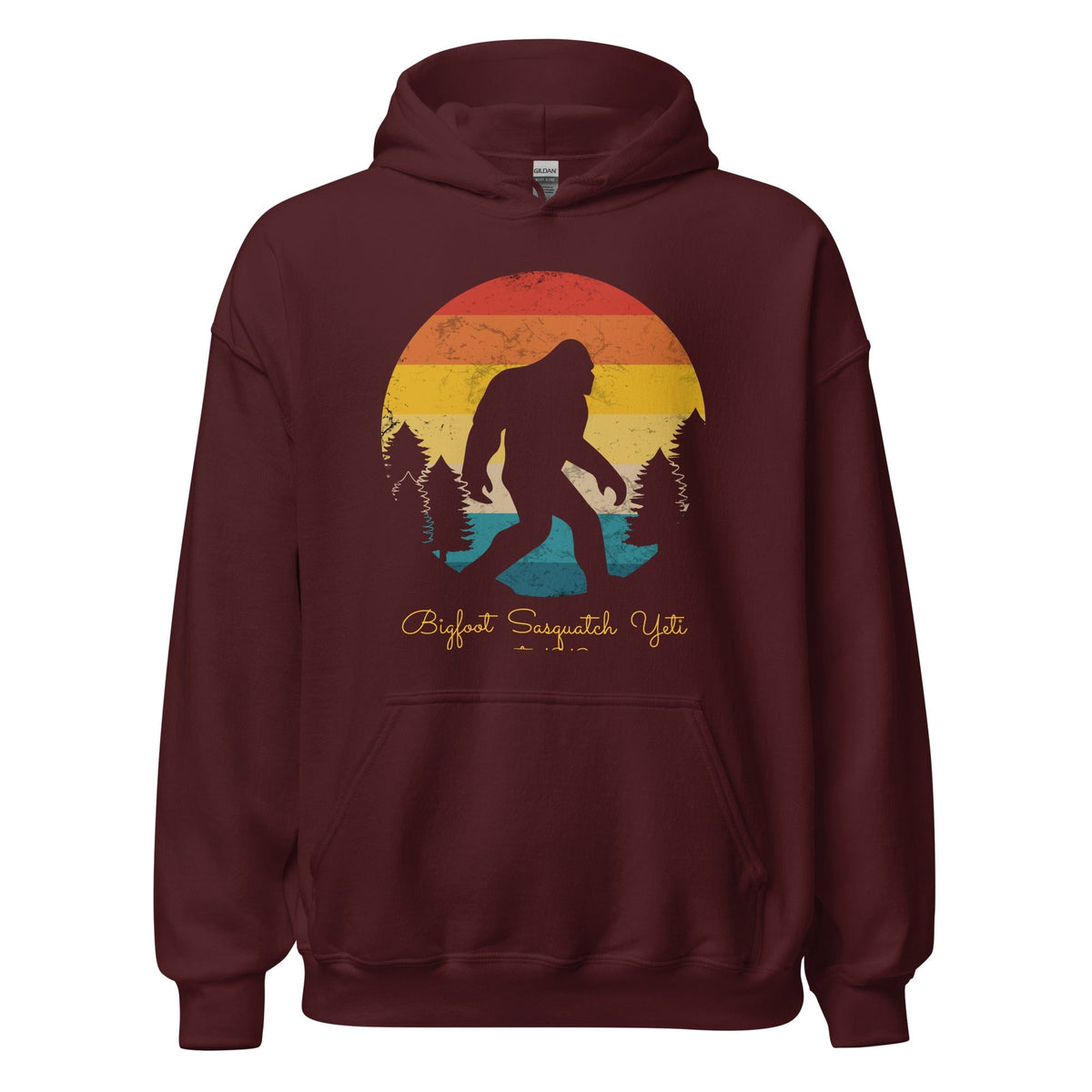 Maroon pullover hoodie with Bigfoot graphic on front