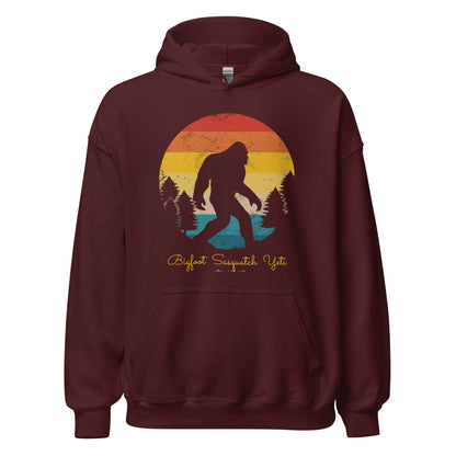 Maroon pullover hoodie with Bigfoot graphic on front