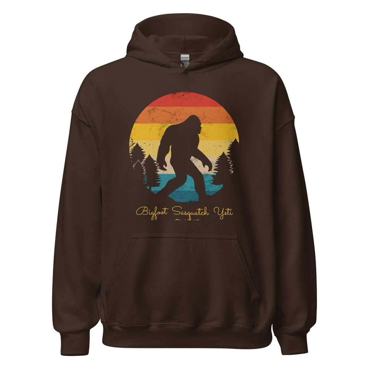 Dark brown pullover hoodie with Bigfoot graphic on front