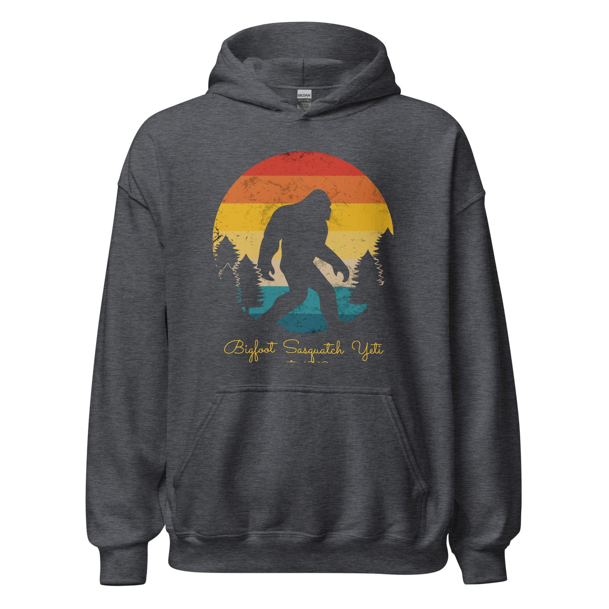 Dark heather gray pullover hoodie with Bigfoot graphic on front