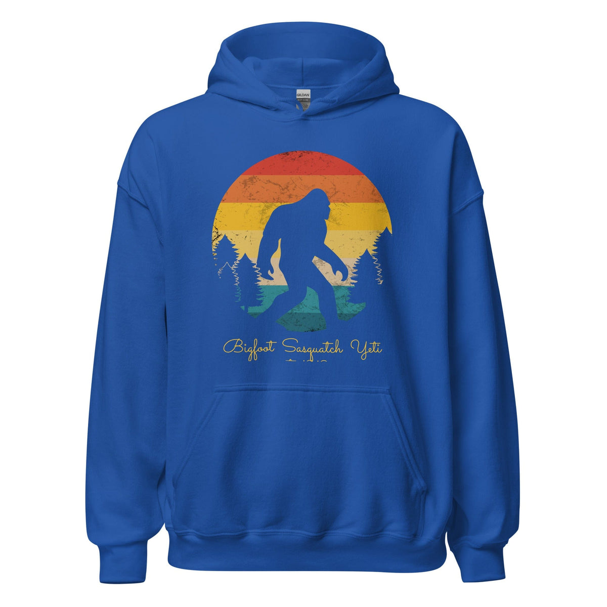 Royal blue pullover hoodie with Bigfoot graphic on front