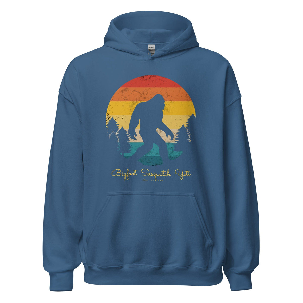 Blue pullover hoodie with Bigfoot graphic on front