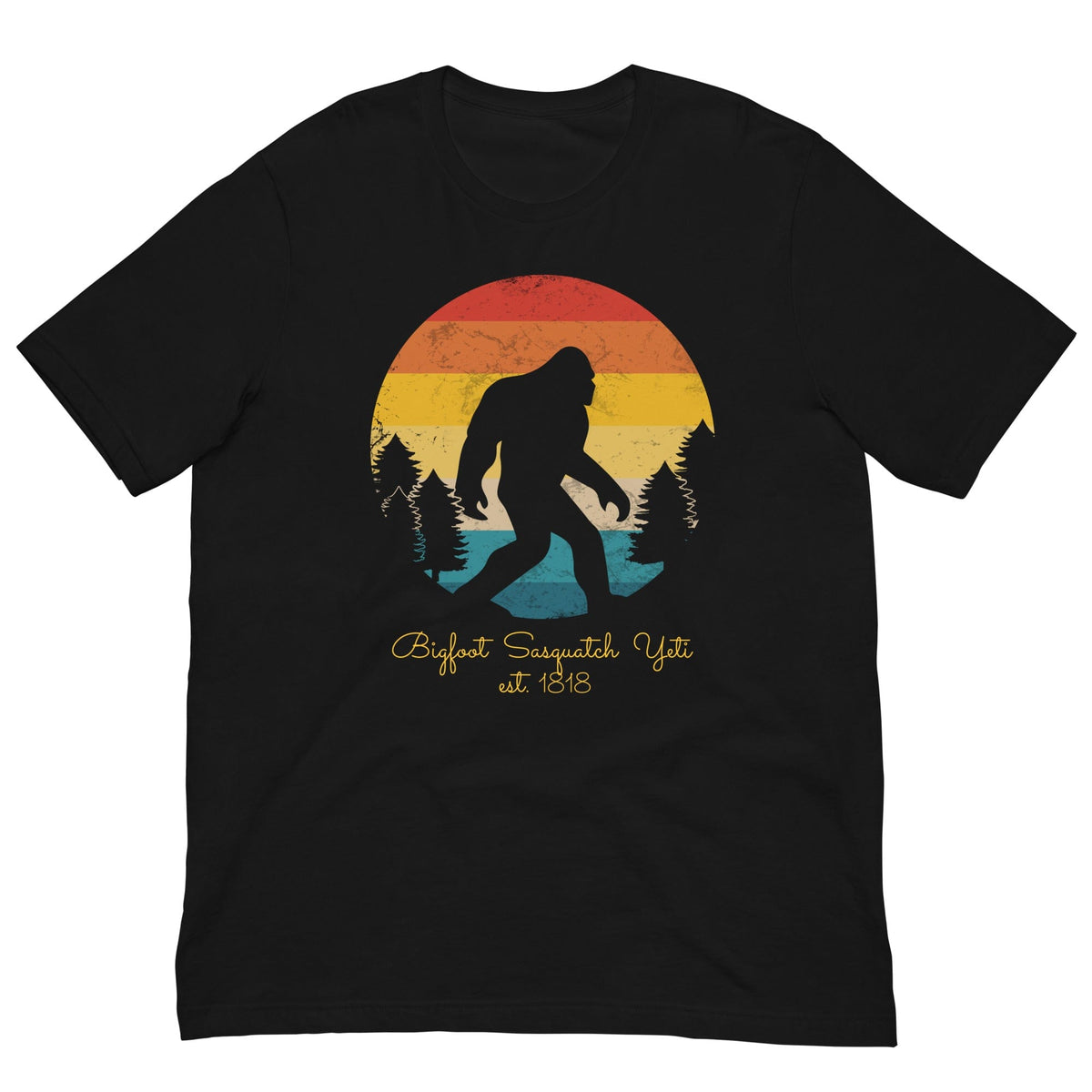 Black Bigfoot Yeti T-shirt with sunset circle graphic, crew neck, short sleeves