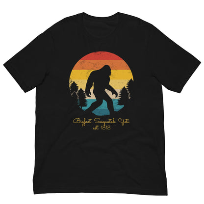 Black Bigfoot Yeti T-shirt with sunset circle graphic, crew neck, short sleeves