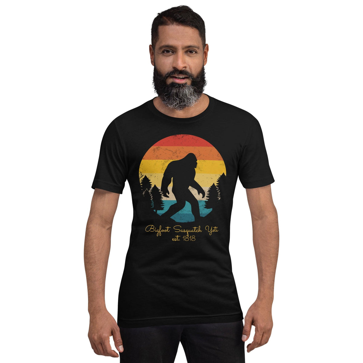 Black Bigfoot Yeti T-shirt with large Bigfoot silhouette sunset graphic, crew neck