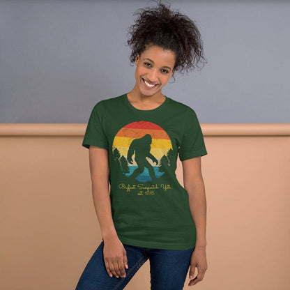 Forest green Bigfoot Yeti T-shirt with Bigfoot silhouette sunset circle graphic, crew neck