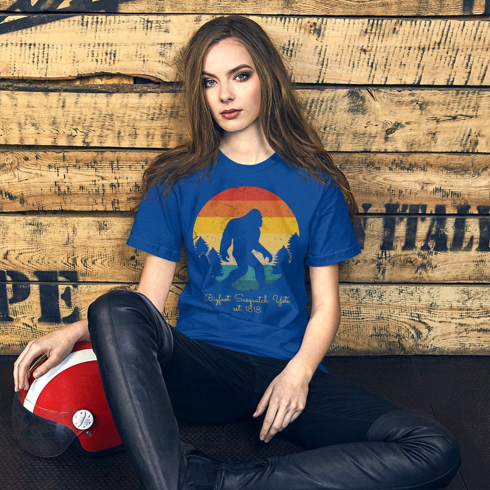 Blue Bigfoot Yeti T-shirt with Bigfoot silhouette sunset circle graphic, crew neck short sleeves