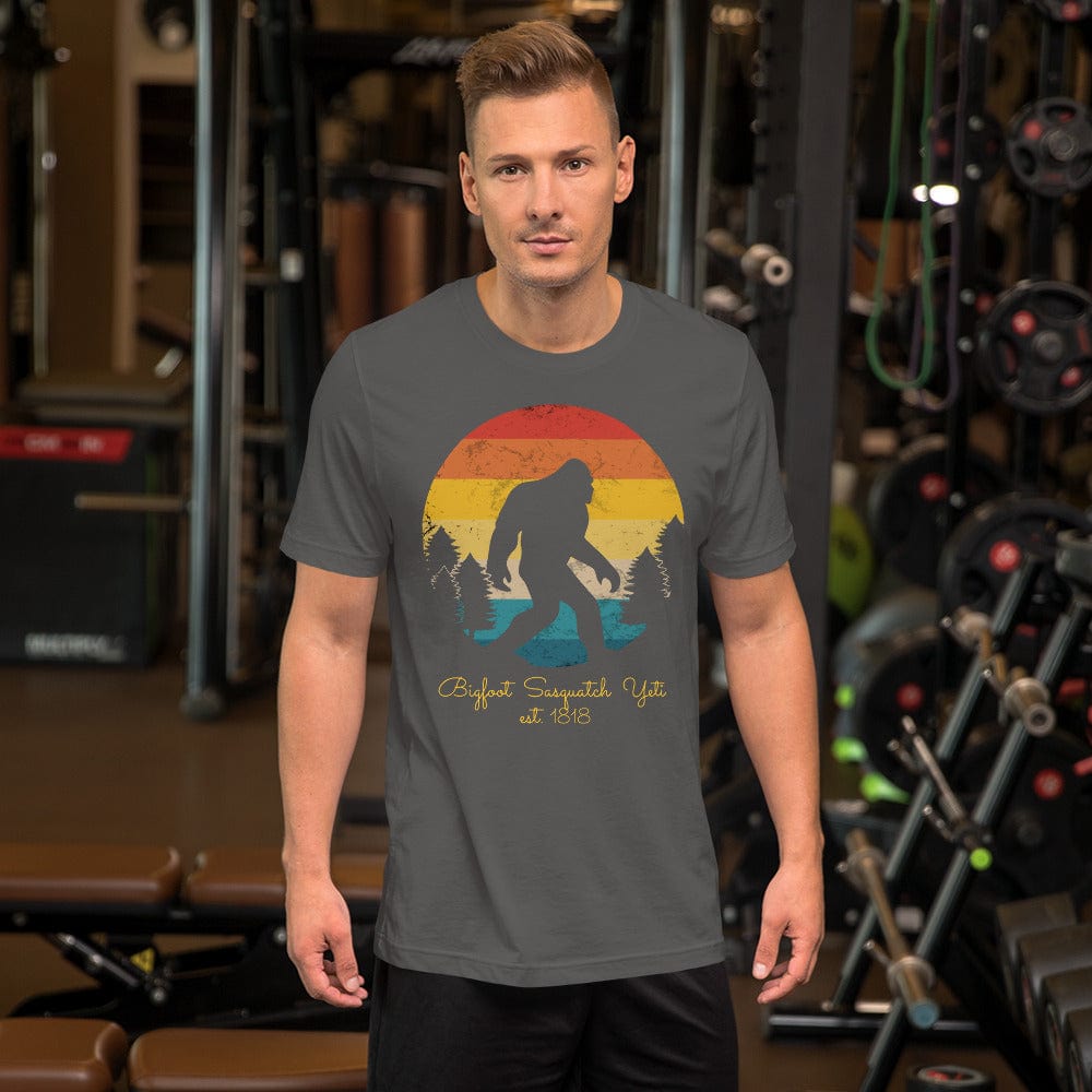 Asphalt gray Bigfoot Yeti T-shirt with sunset Bigfoot silhouette graphic, crew neck