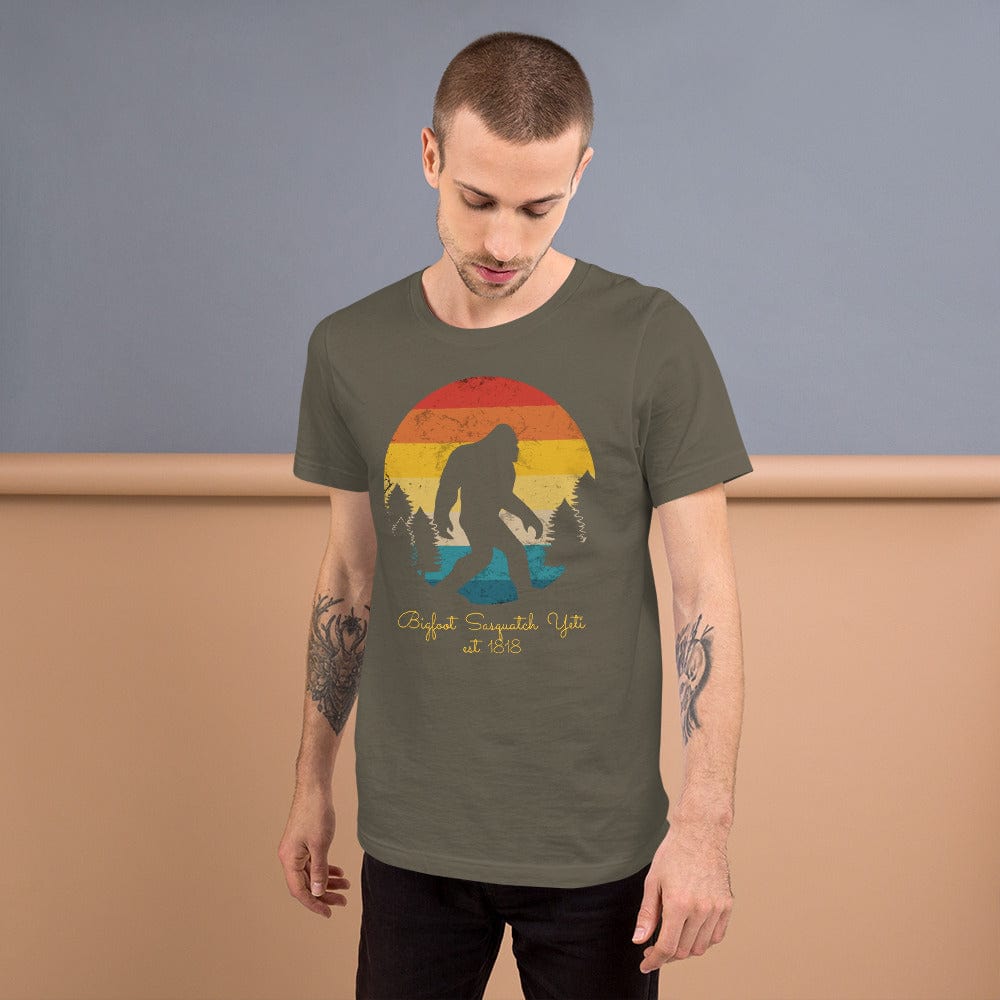 Army green Bigfoot Yeti T-shirt with Bigfoot silhouette sunset circle graphic, crew neck