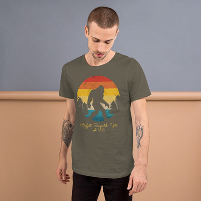 Army green Bigfoot Yeti T-shirt with Bigfoot silhouette sunset circle graphic, crew neck