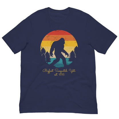 True royal Bigfoot Yeti T-shirt with sunset circle Bigfoot silhouette graphic, crew neck