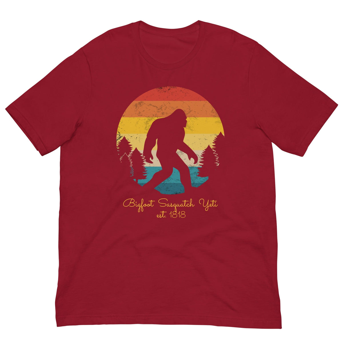 Graphic Bigfoot T-shirt, dark red, front sunset monster silhouette print
