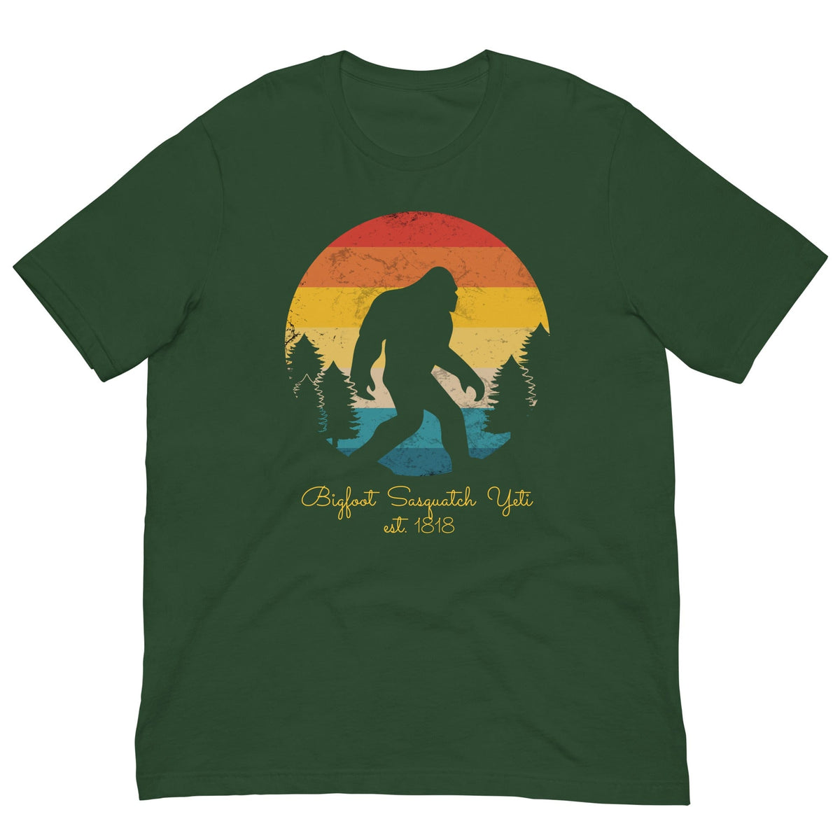 Graphic Bigfoot T-shirt, forest green, front sunset monster silhouette print